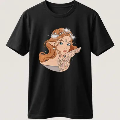 Kawaii illustration of a female character with tattoos in brown, blue, black, white, and gold — printed on a unisex t-shirt