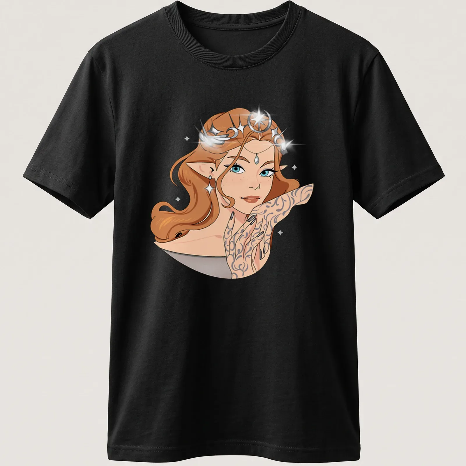 Kawaii illustration of a female character with tattoos in brown, blue, black, white, and gold — printed on a unisex t-shirt