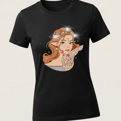 Kawaii illustration of a female character with tattoos in brown, blue, black, white, and gold — printed on a women's shirt