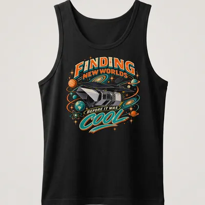 Vintage comic style t-shirt featuring a space telescope with colorful retro design. — printed on a tank top