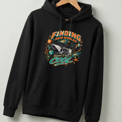 Vintage comic style t-shirt featuring a space telescope with colorful retro design. — printed on a unisex hoodie
