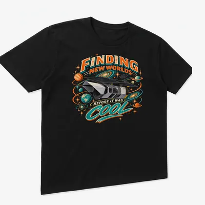 Vintage comic style t-shirt featuring a space telescope with colorful retro design. — printed on a unisex t-shirt (angled view)