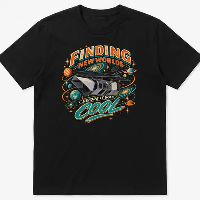 Vintage comic style t-shirt featuring a space telescope with colorful retro design.