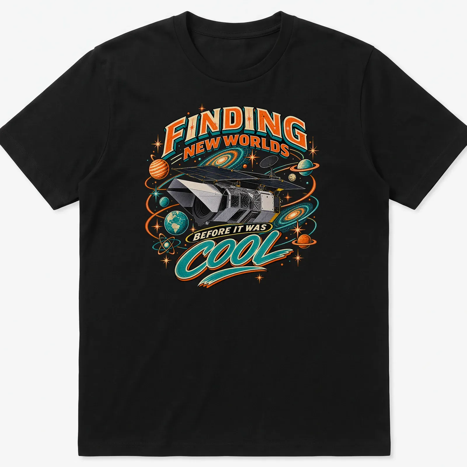 Vintage comic style t-shirt featuring a space telescope with colorful retro design. — printed on a unisex t-shirt