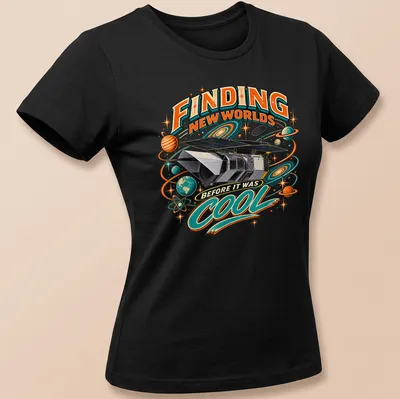 Vintage comic style t-shirt featuring a space telescope with colorful retro design. — printed on a women's shirt