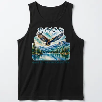 Watercolor print T-shirt featuring a bald eagle and the text Fly High Jackie GONE BUT NEVER FORGOTTEN — printed on a tank top