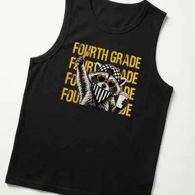 Bold graphic t-shirt featuring a feral raccoon and bold fourth-grade text — printed on a tank top