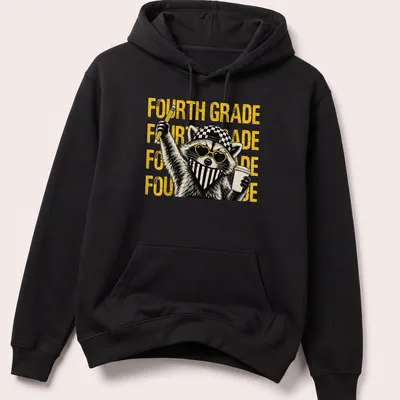Bold graphic t-shirt featuring a feral raccoon and bold fourth-grade text — printed on a unisex hoodie