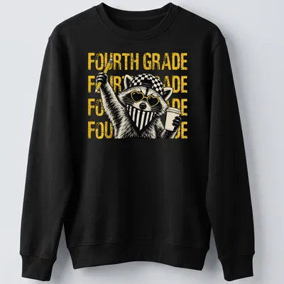 Bold graphic t-shirt featuring a feral raccoon and bold fourth-grade text — printed on a unisex sweatshirt