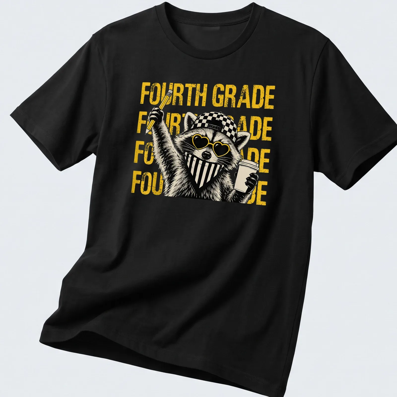 Bold graphic t-shirt featuring a feral raccoon and bold fourth-grade text — printed on a unisex t-shirt