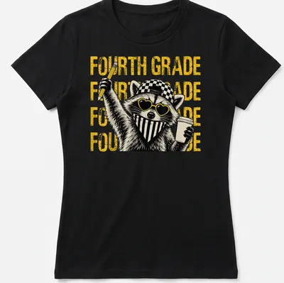 Bold graphic t-shirt featuring a feral raccoon and bold fourth-grade text — printed on a women's shirt
