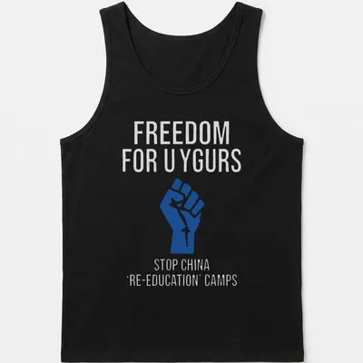 Bold graphic T-shirt with text calling for Uyghur freedom and a raised fist — printed on a tank top