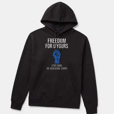 Bold graphic T-shirt with text calling for Uyghur freedom and a raised fist — printed on a unisex hoodie