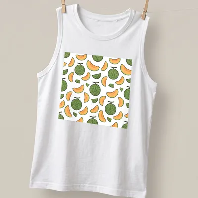 Seamless pattern of cantaloupe melons with green leaves on white background. — printed on a tank top