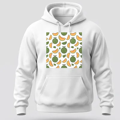 Seamless pattern of cantaloupe melons with green leaves on white background. — printed on a unisex hoodie