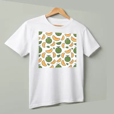 Seamless pattern of cantaloupe melons with green leaves on white background. — printed on a unisex t-shirt (angled view)