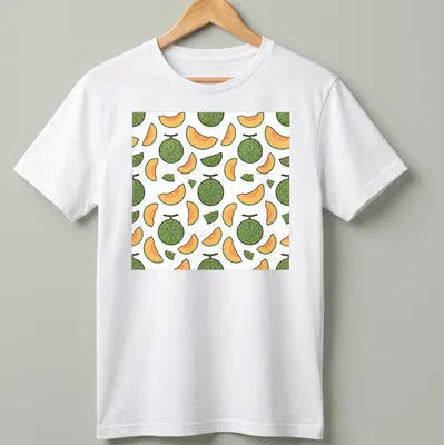 Seamless pattern of cantaloupe melons with green leaves on white background.