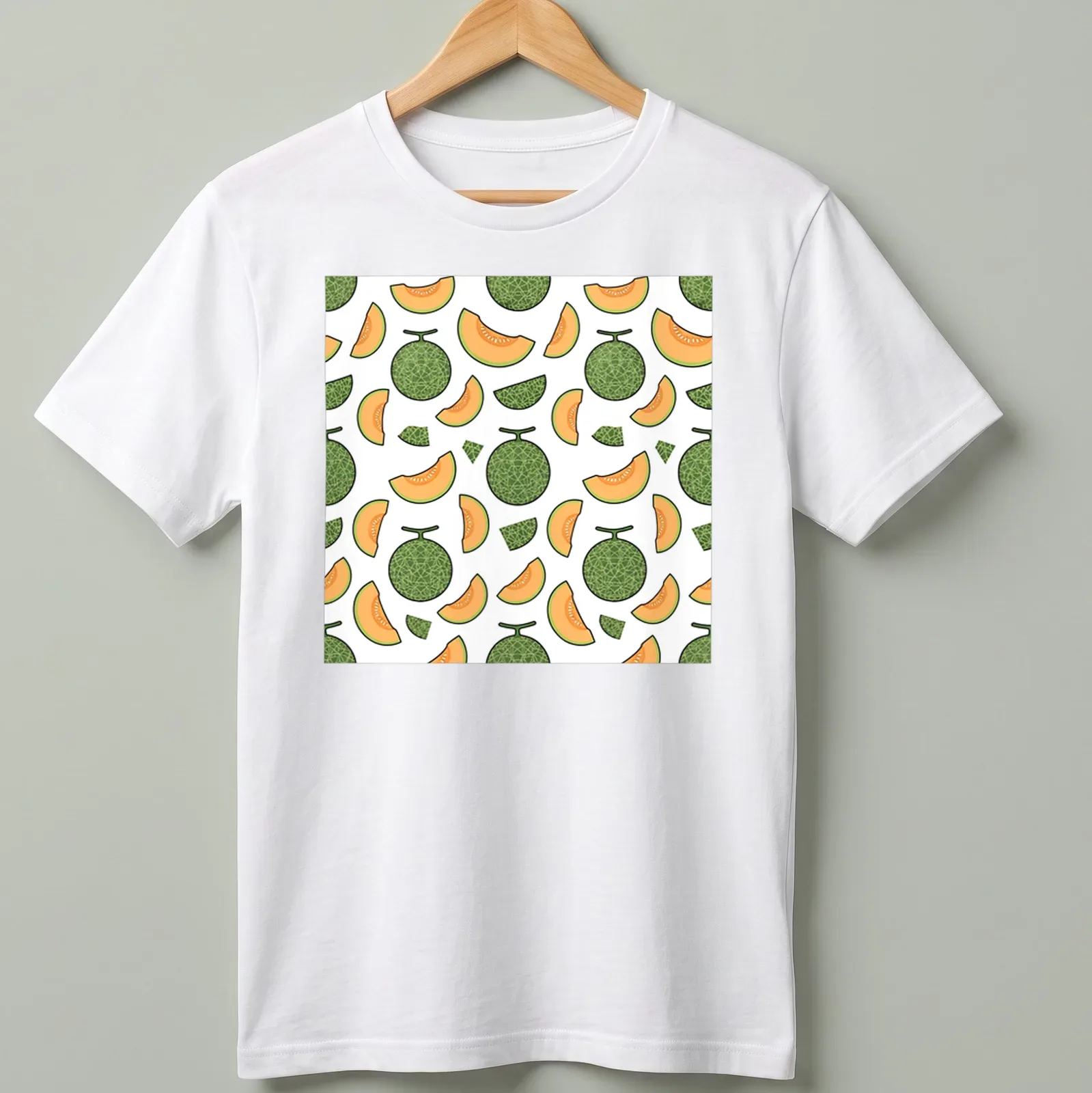 Seamless pattern of cantaloupe melons with green leaves on white background. — printed on a unisex t-shirt