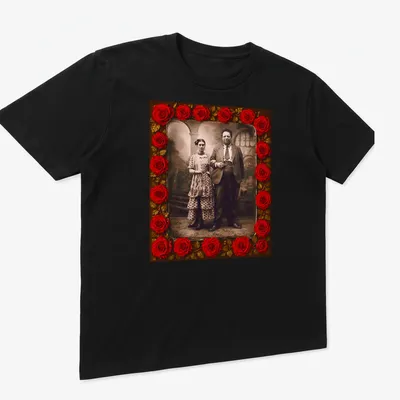 Vintage print of Frida Kahlo and Diego Rivera in wedding attire — printed on a unisex t-shirt (angled view)