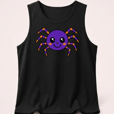 Kawaii purple cartoon spider with a friendly face and bright colors — printed on a tank top