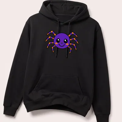 Kawaii purple cartoon spider with a friendly face and bright colors — printed on a unisex hoodie