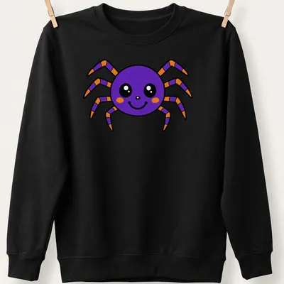 Kawaii purple cartoon spider with a friendly face and bright colors — printed on a unisex sweatshirt