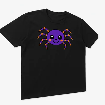 Kawaii purple cartoon spider with a friendly face and bright colors — printed on a unisex t-shirt (angled view)