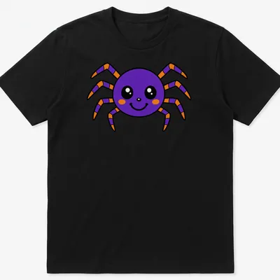 Kawaii purple cartoon spider with a friendly face and bright colors