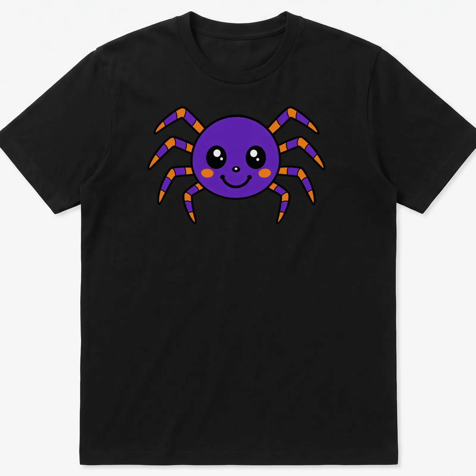 Kawaii purple cartoon spider with a friendly face and bright colors — printed on a unisex t-shirt