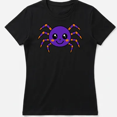 Kawaii purple cartoon spider with a friendly face and bright colors — printed on a women's shirt