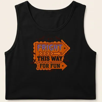 Bold cartoon Halloween shirt with skulls and arrows in orange, purple, black, and white — printed on a tank top