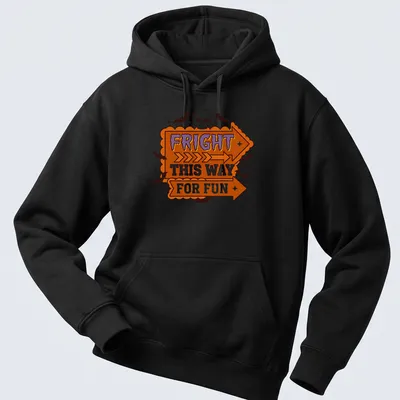 Bold cartoon Halloween shirt with skulls and arrows in orange, purple, black, and white — printed on a unisex hoodie