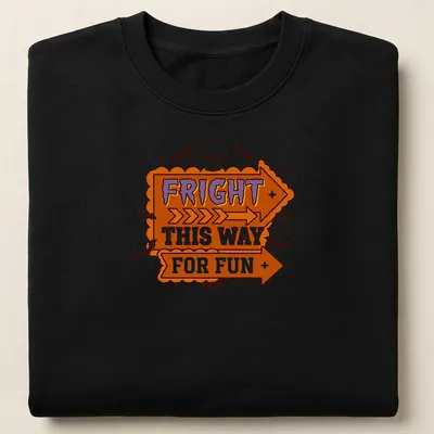 Bold cartoon Halloween shirt with skulls and arrows in orange, purple, black, and white — printed on a unisex sweatshirt