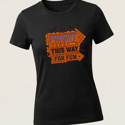 Bold cartoon Halloween shirt with skulls and arrows in orange, purple, black, and white — printed on a women's shirt