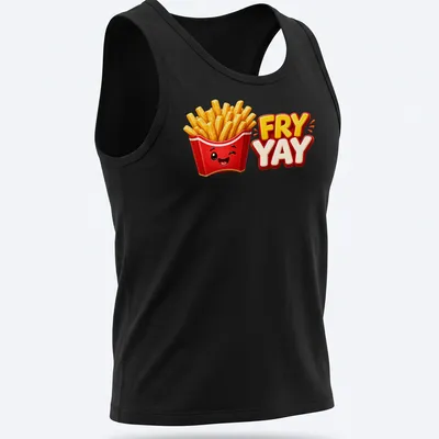 Cartoon of smiling French fries with text 'FRY YAY' in bright colors — printed on a tank top
