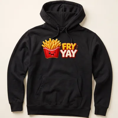 Cartoon of smiling French fries with text 'FRY YAY' in bright colors — printed on a unisex hoodie