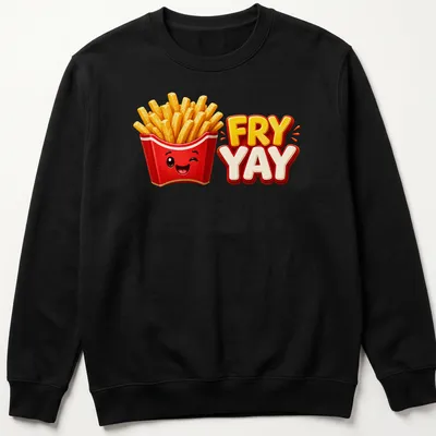 Cartoon of smiling French fries with text 'FRY YAY' in bright colors — printed on a unisex sweatshirt