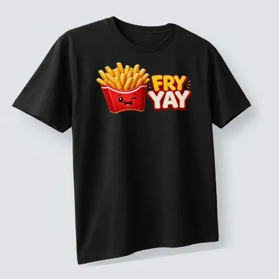 Cartoon of smiling French fries with text 'FRY YAY' in bright colors — printed on a unisex t-shirt (angled view)