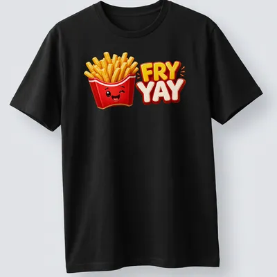 Cartoon of smiling French fries with text 'FRY YAY' in bright colors — printed on a unisex t-shirt