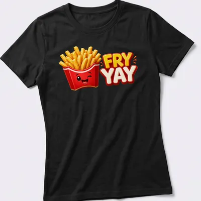 Cartoon of smiling French fries with text 'FRY YAY' in bright colors — printed on a women's shirt