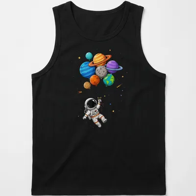 Cartoon astronaut in space holding colorful planet-shaped balloons — printed on a tank top