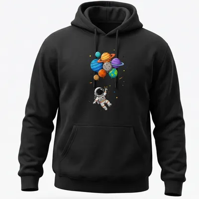 Cartoon astronaut in space holding colorful planet-shaped balloons — printed on a unisex hoodie