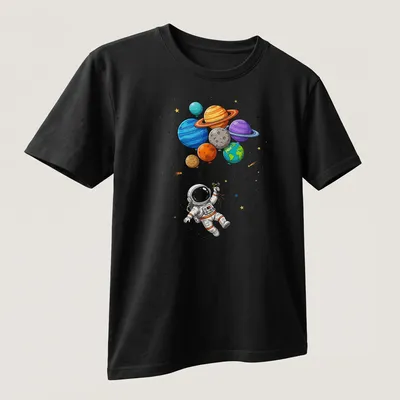 Cartoon astronaut in space holding colorful planet-shaped balloons — printed on a unisex t-shirt (angled view)