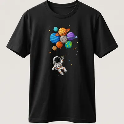 Cartoon astronaut in space holding colorful planet-shaped balloons