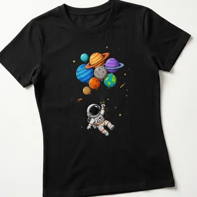 Cartoon astronaut in space holding colorful planet-shaped balloons — printed on a women's shirt