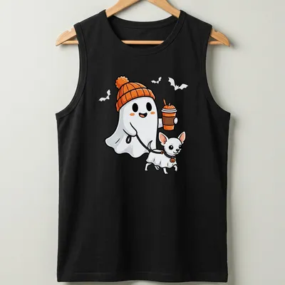 Kawaii style t-shirt featuring a cute ghost and a Chihuahua dog for Halloween — printed on a tank top
