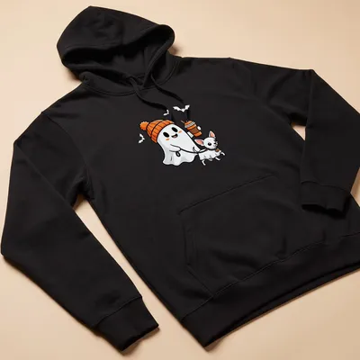 Kawaii style t-shirt featuring a cute ghost and a Chihuahua dog for Halloween — printed on a unisex hoodie