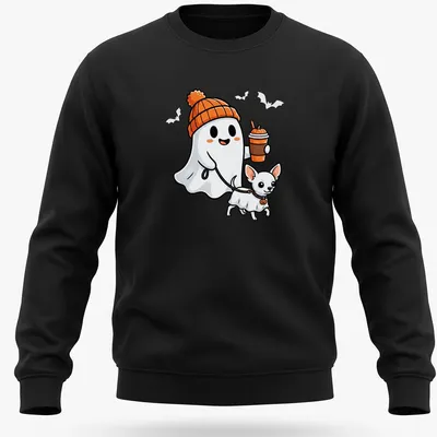 Kawaii style t-shirt featuring a cute ghost and a Chihuahua dog for Halloween — printed on a unisex sweatshirt
