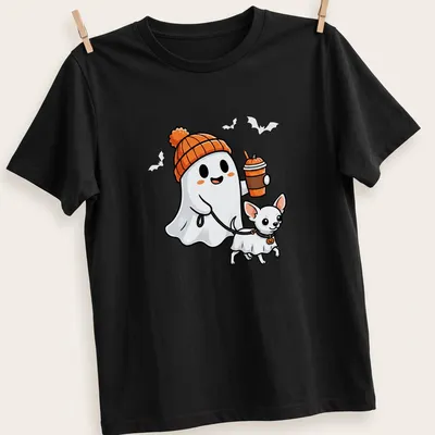 Kawaii style t-shirt featuring a cute ghost and a Chihuahua dog for Halloween — printed on a unisex t-shirt