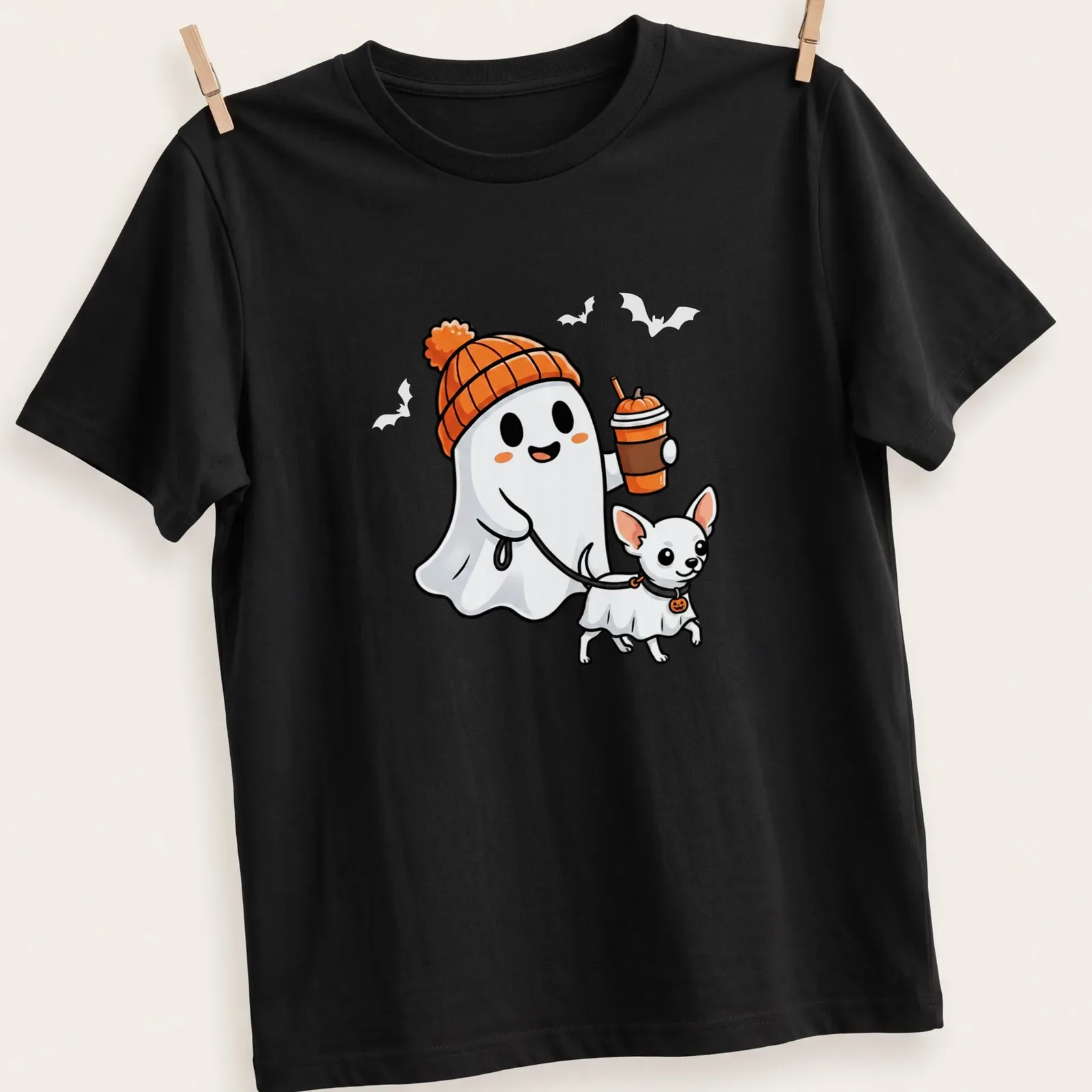 Kawaii style t-shirt featuring a cute ghost and a Chihuahua dog for Halloween — printed on a unisex t-shirt
